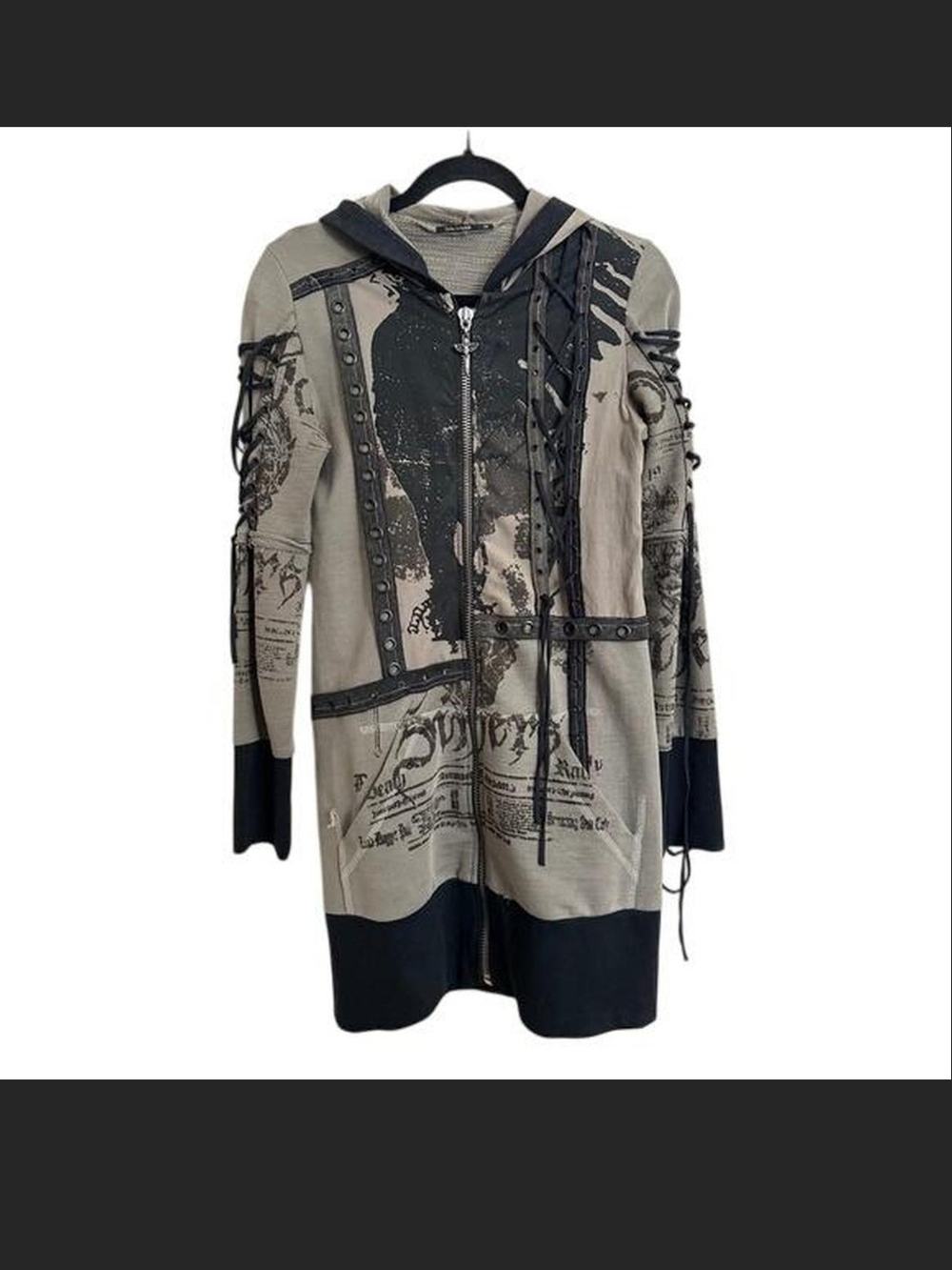 Salvage Black Lace Up Hooded Graphic Tunic. M